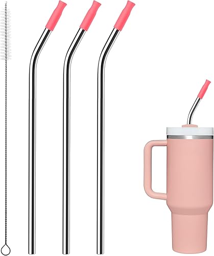 Prurex Paquete de 3 pajitas flexibles de acero inoxidable para vaso de 40 onzas, con las puntas de silicona del mismo color del vaso Stanley de 40