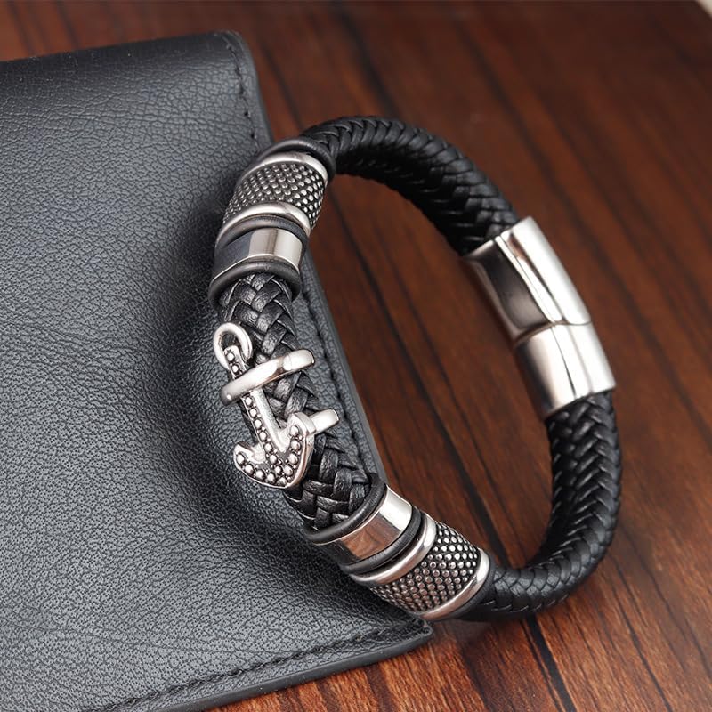 Image of THE MEN THING Leather Bracelet for Men - American Style Genuine Leather Multi-Layer Braided Bracelet with 100% Stainless Steel Magnetic Buckle for Men & Boys (8 inch)