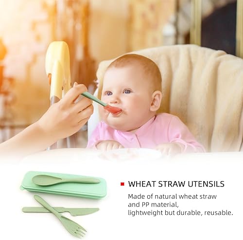 Miniatura 4 de Juego de 4 utensilios de viaje reutilizables con estuche, utensilios de paja de trigo, vajilla, cubiertos, cuchillo portátil, tenedor, cuchara para