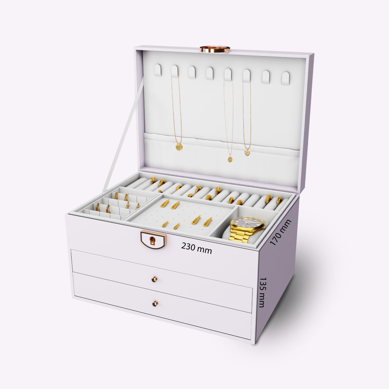 Ozone 3-Layer Jewellery Box in white with leather & velvet lining