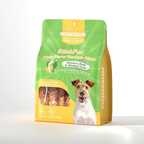Miniatura 10 de MON2SUN Golosinas para perros, bocadillos de cuero crudo de triple sabor de 5 pulgadas con hígado de pollo, pato y pollo envueltos en pollo para