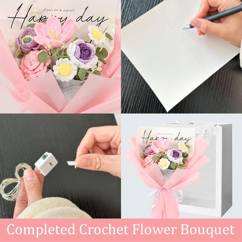 Crochet Flower Bouquet Rose Tulip : Handmade Knitted Bouquet for Mother's Day Birthday Home Decor Girlfriend Wedding Gift (Pink)