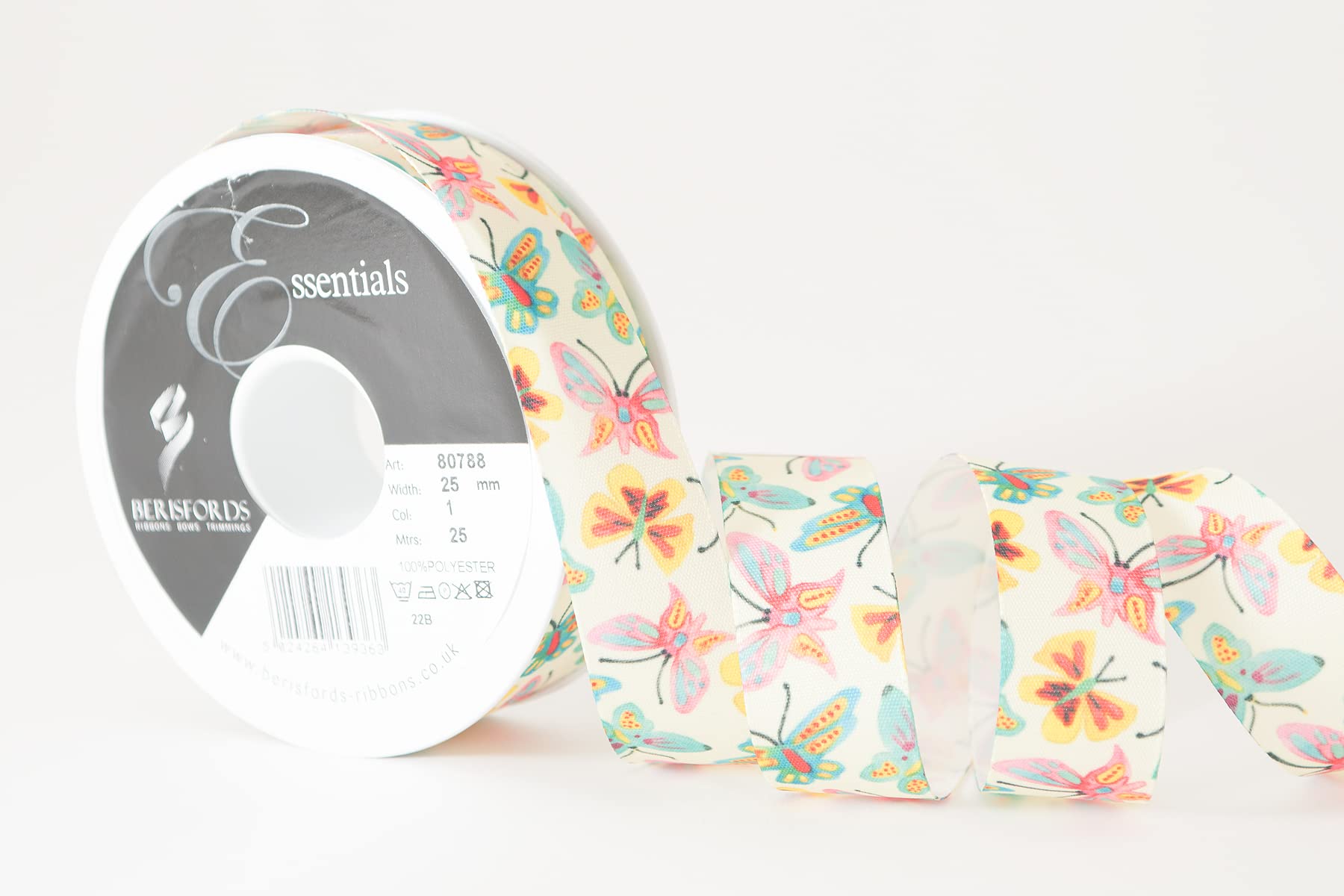 Berisfords Taffeta Spring Patterned Ribbon ‘Butterfly Sky’ Multicolour on Yellow 25mm Wide 25m Reel, Yellow/Multi, 25mm x 25m