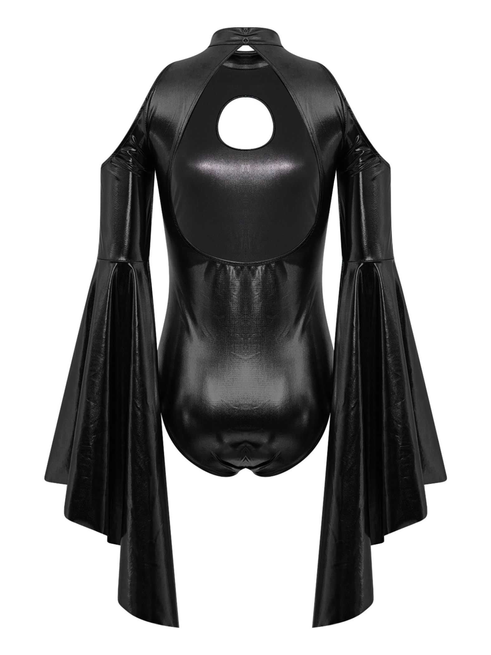 Unitard Pour Femmes En Métal Brillant Avec Découpe Au Dos Manches Longues Évasées Exagérées