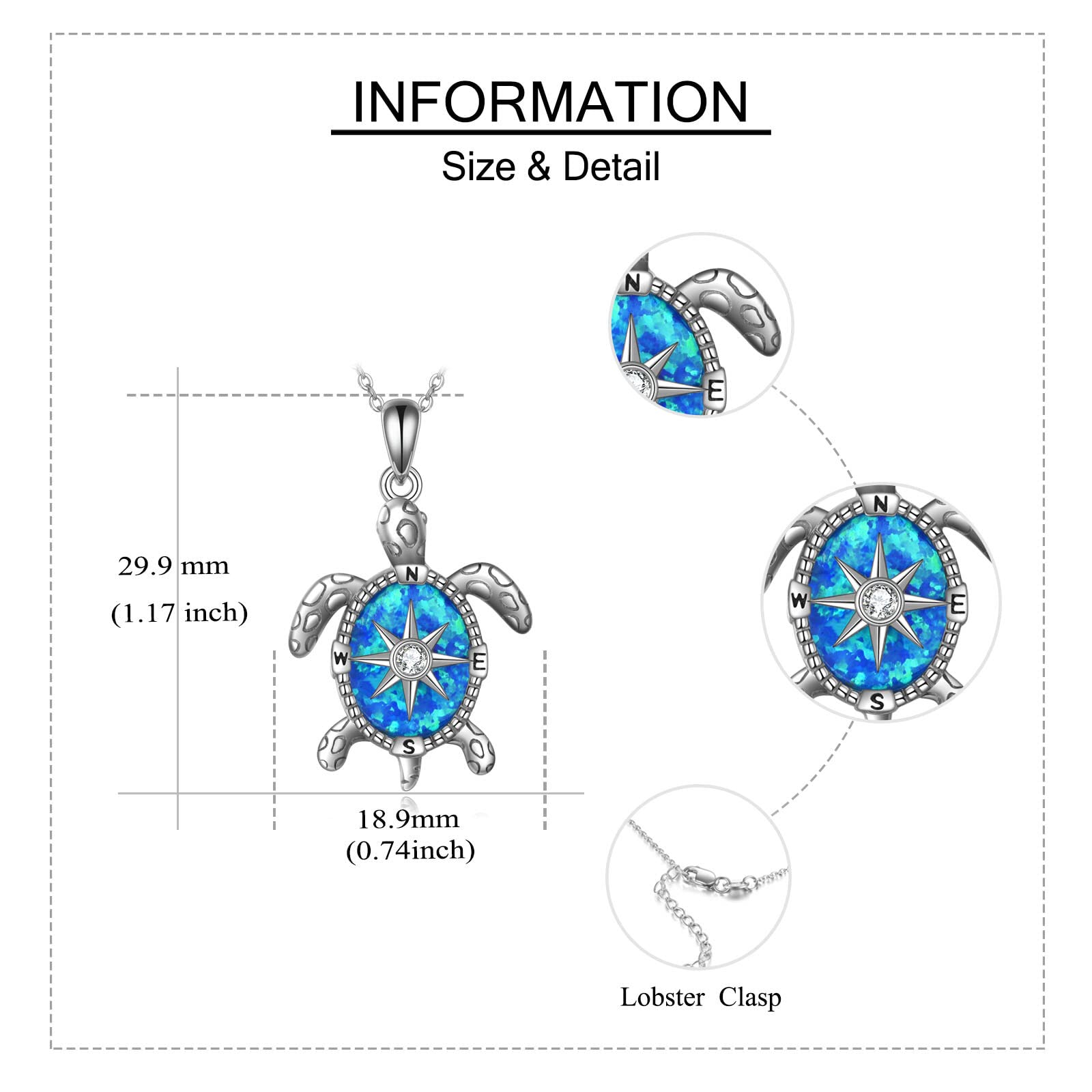 JERWLI Collar con brújula de ópalo azul, tortugas marinas para mujer, plata de ley, joyas para tortugas, collares de playa para niñas, amantes de los animales, regalos, Plata esterlina
