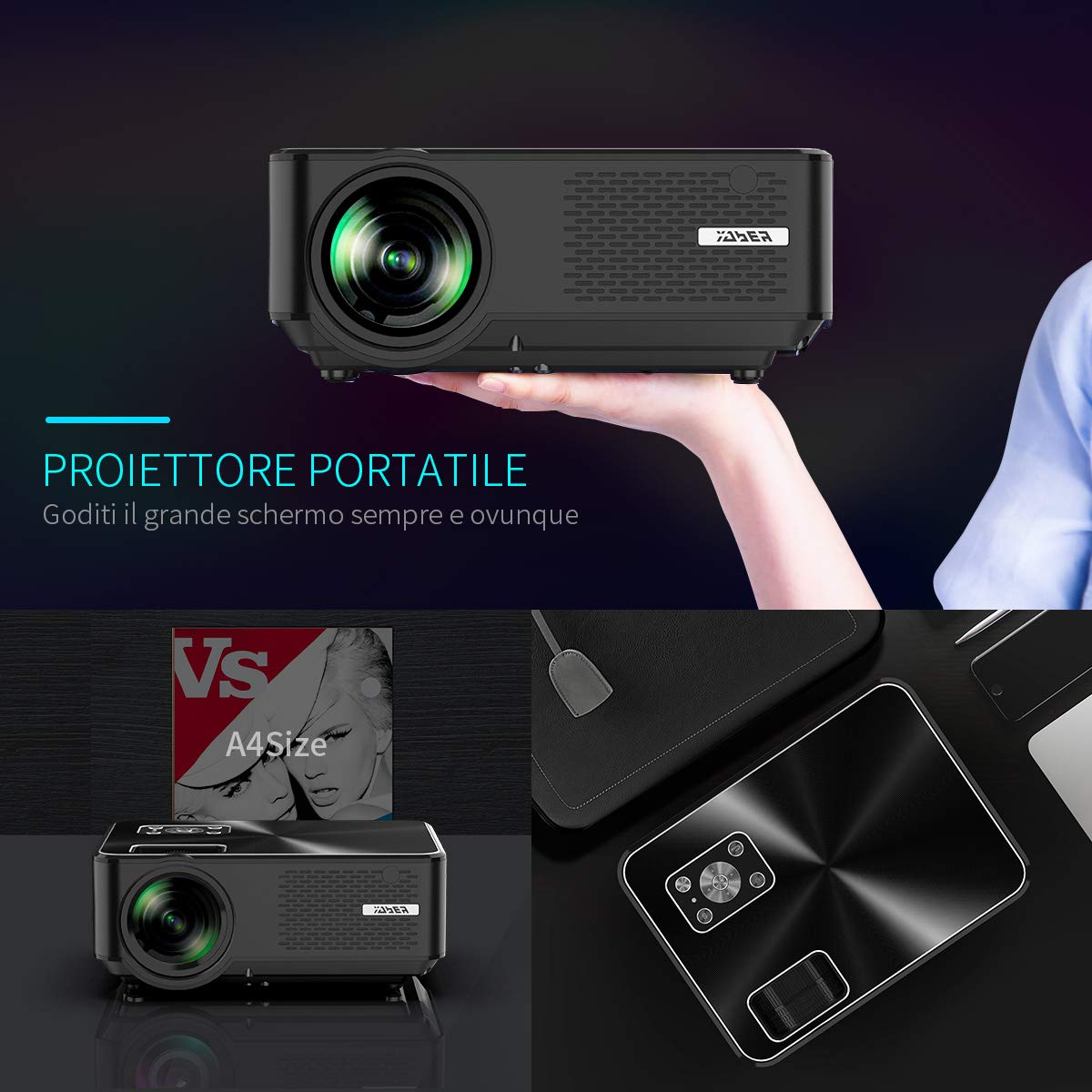 YABER Proiettore Mini Proiettore Portatile 1080P Supporto Nativa 1280 * 800 LED Videoproiettore 250" Display Cinema Domestico Compatibile con smartphone/Laptop/PC/PS4