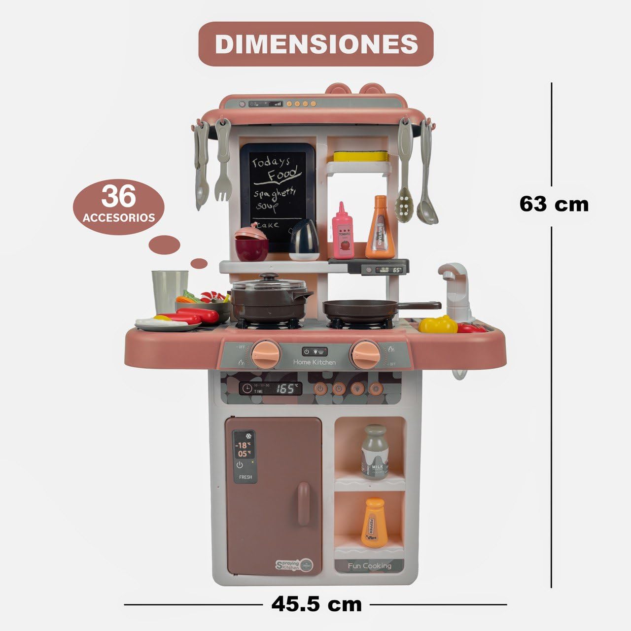 Cocina de Juguete niños Unisex, Incluye 36 Accesorios, fogones eléctricos con simulación de Fuego, Grifo con Bomba de Agua, Pizarra y Mucho más Juguetes + 3 años (Marrón)