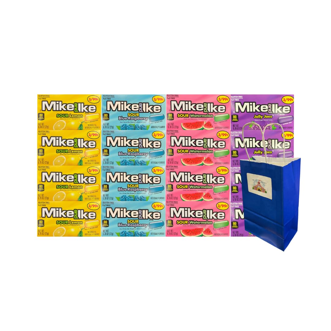 Variety Pack Mike and Ike Candy 16 Count, 0.78 oz Snack Bags, Bonus Blue Gift Bag Included, Individually Wrapped, Perfect for Gifting, Party Favors,