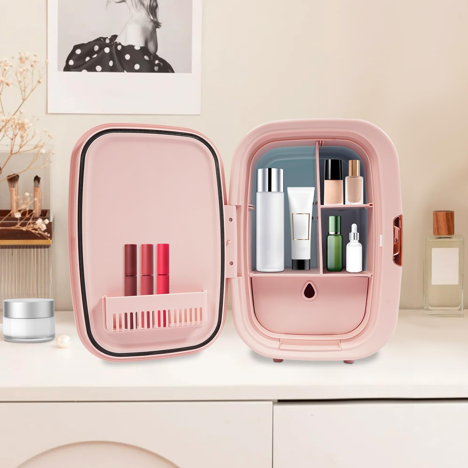 Kosmetik-Kühlschrank 12L-Skincare Fridge Beauty Kühlschrank für die häusliche Aufbewahrung, Kühl- als auch Heizfunktion für Makeup Lippenstif, Getränken und Medikamenten