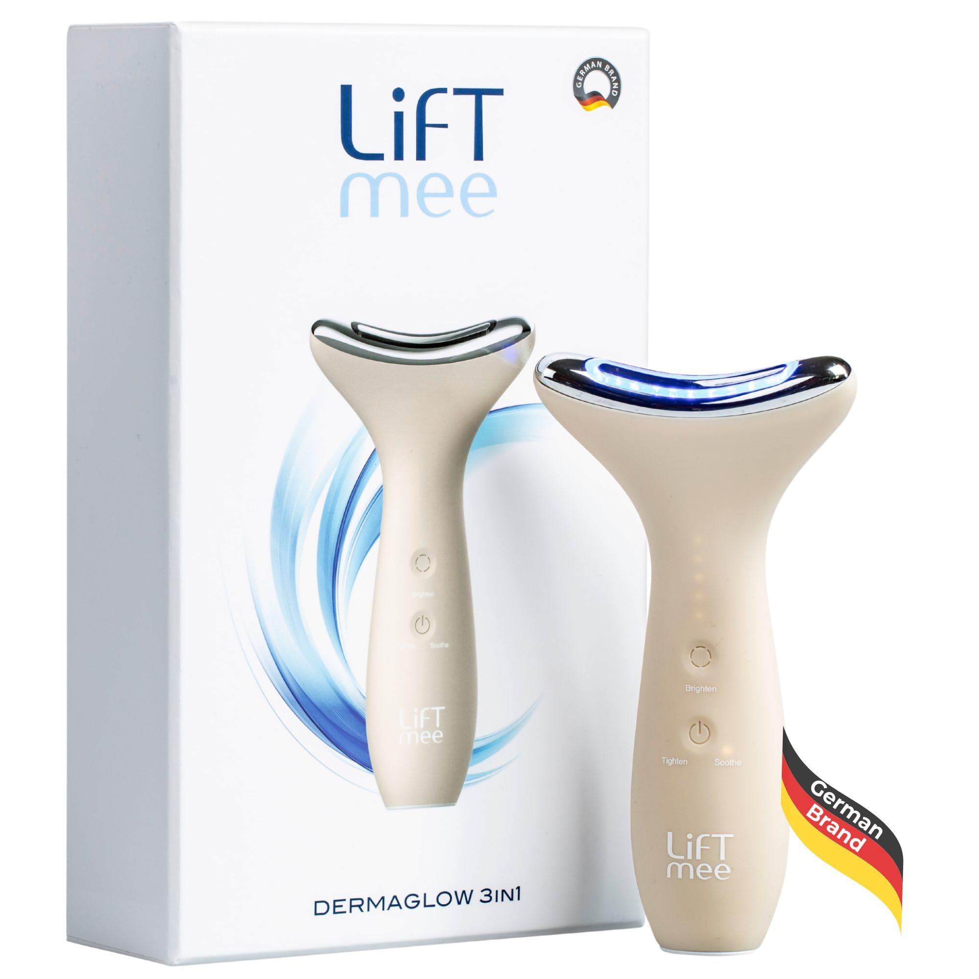 Dermaglow 3in1, Gesichts- und Körpermassagegerät mit 3 Pflegeprogrammen und 5 EMS-Intensitätsstufen, LED Lichtbehandlung Blau, Grün & Rotlicht zur Straffung, Aufhellung & Beruhigung der Haut