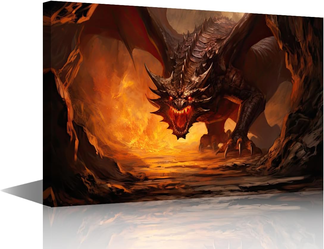 Flying Dragon Canvas Wall Art Black and White Wall Art Decor Magma Fire Dragon Canvas Poster Printing 1 Panel Home Wall Art for Men Living Room Decor Stretched and Framed Ready to Hang 18x12 in