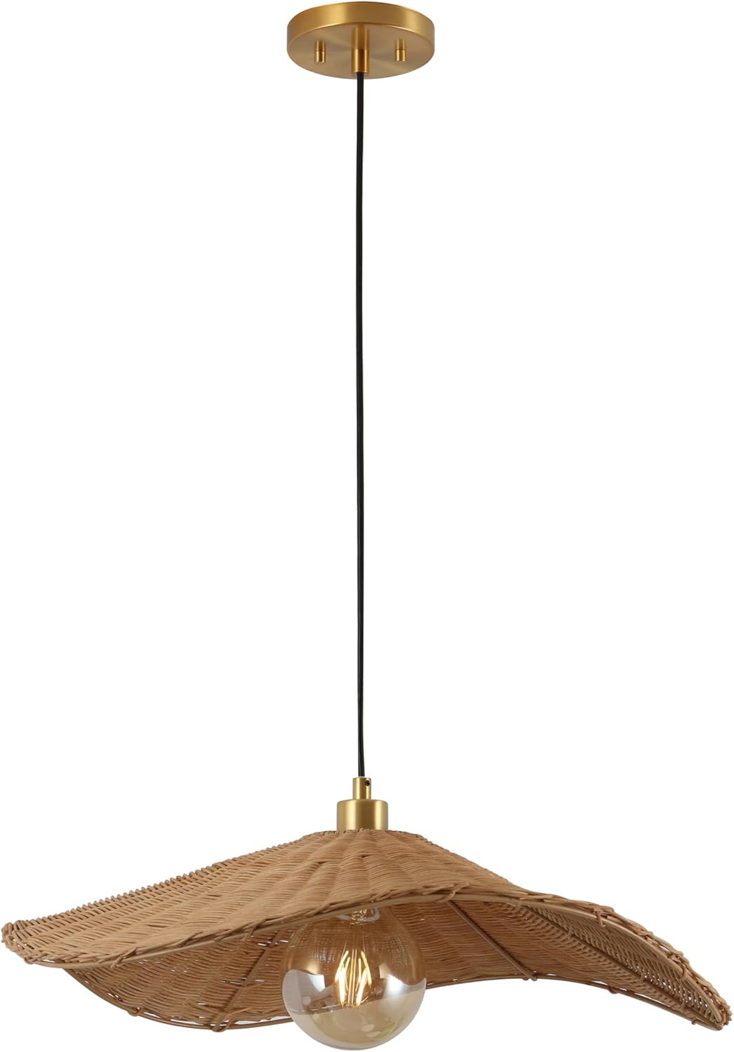 JONATHAN Y 24.5" Natural Brown/Brass Gold 1-Light Rattan Pendant Light, Modern Coastal Organic Curve Adjustable Ceiling Fixture for Kitchen Island, LED Bulb Included JYL1606A