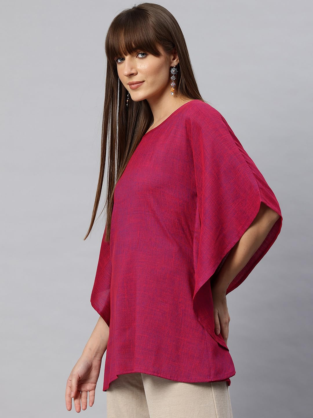 Cottinfab Pink Solid Kaftan Top with Kimono Sleeves 1