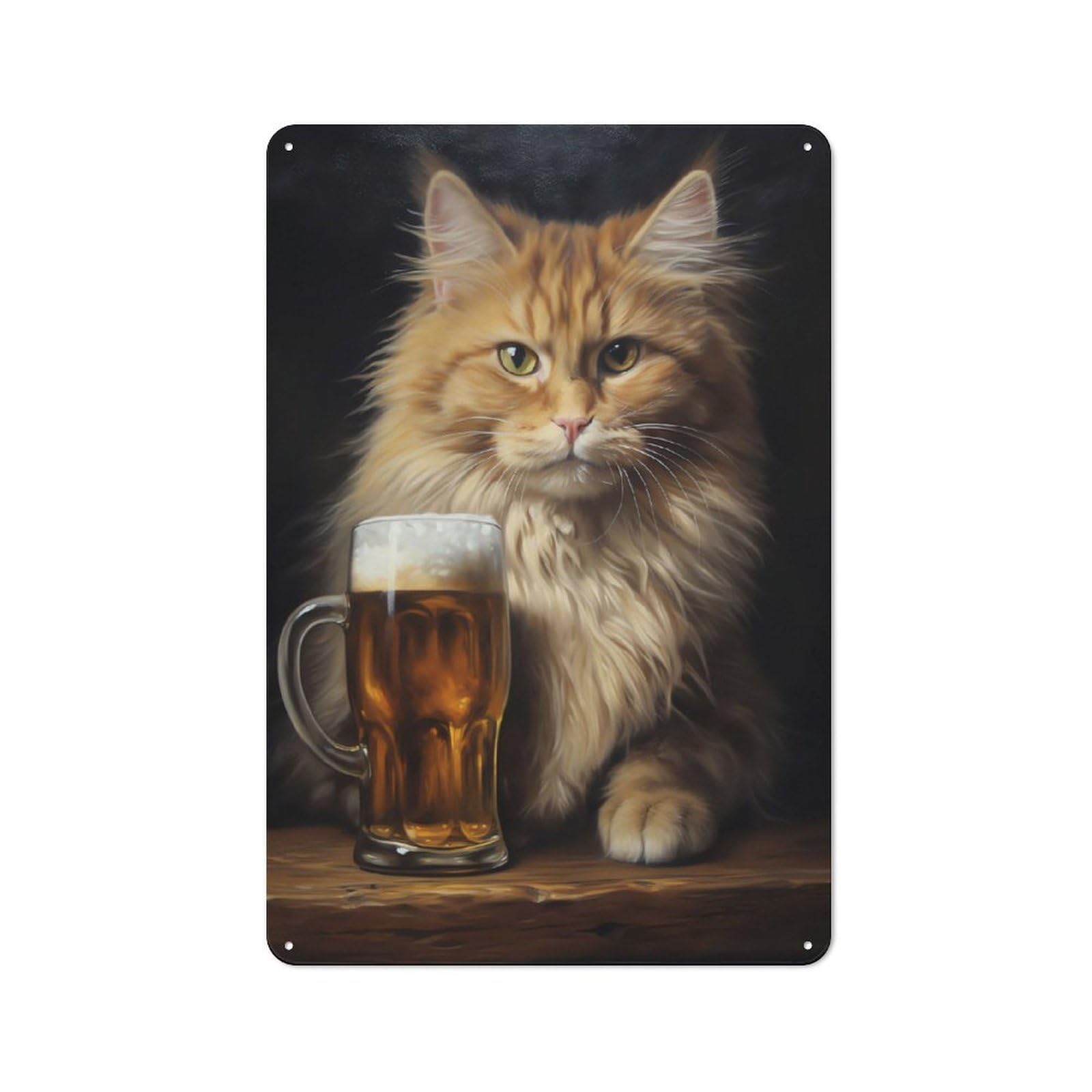 Junmoney Cat With His Beer In Pub Country Vintage Metal Wall Decor 30X20cm, Farmhouse Metal Sign For Kitchen, Cottage, Porch Or Garden Room