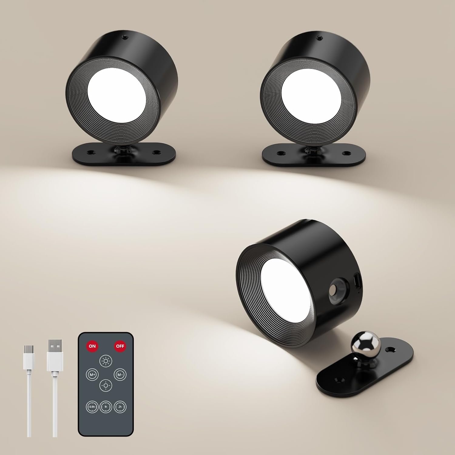 3 Pack LED Wall Sconces, Battery Operated Wall Lights for Reading, Cordless Bedside Lamp with Remote & Touch Control, 360° Magnetic Rotation & Rechargeable, 3 Color Modes Dimmable (Black)