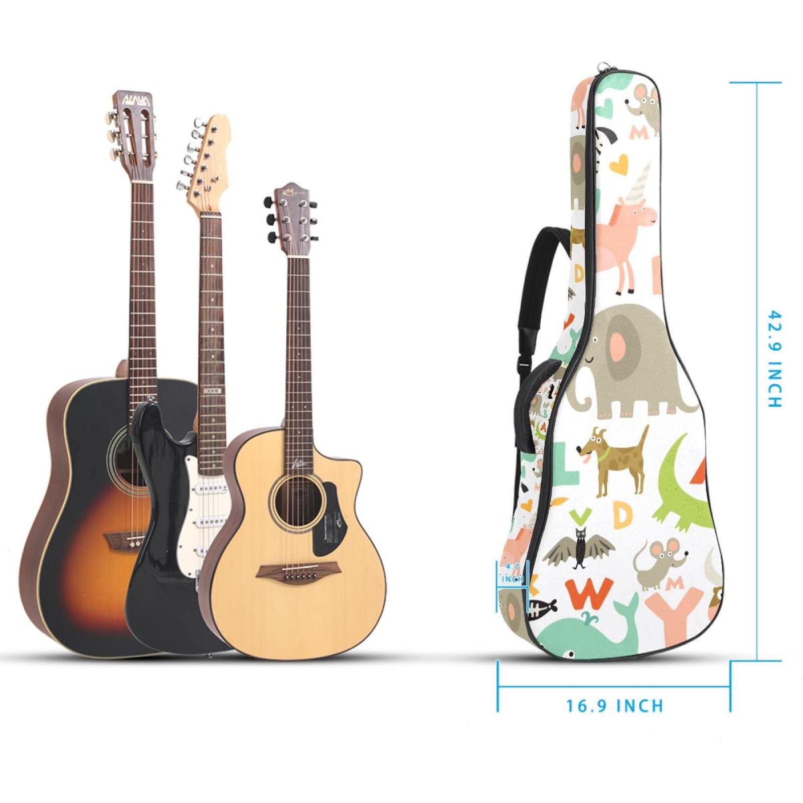 Torba na gitarę akustyczną wodoodporna gitara plecak gruby miękki wyściełany urocze dzieci dzikie zwierzęta alfabety wzór klasyczna gitara obudowa, kolor1, 42.9x16.9x4.7 in, Organizer do torby