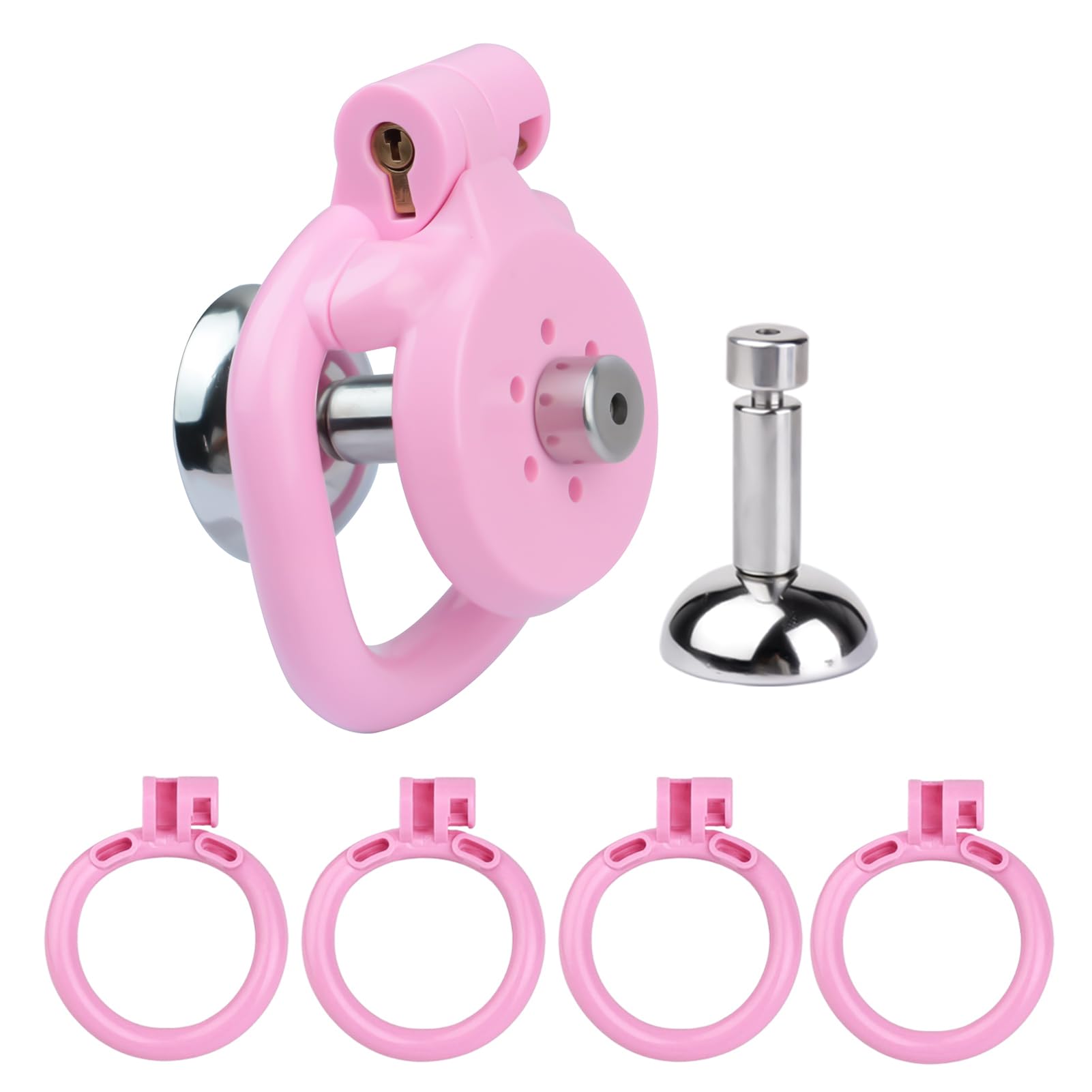 Chastity Cage Kit with 4 Rings 40-55mm, Resin Cock Cage with Vent Holes and Detachable Urinal Support Bracket Male Chastity Devices (Pink)