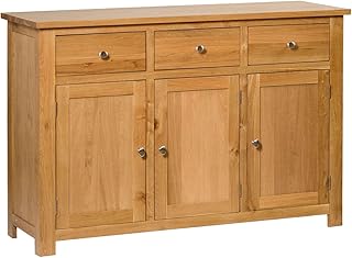 Hallowood Furniture Waverly Oak Large Sideboard with 3 Drawers and Cupboard – Solid Wooden Cabinet with Adjustable Shelves in Light Oak Finish for Bedroom and Living Room - Wide Storage Dresser