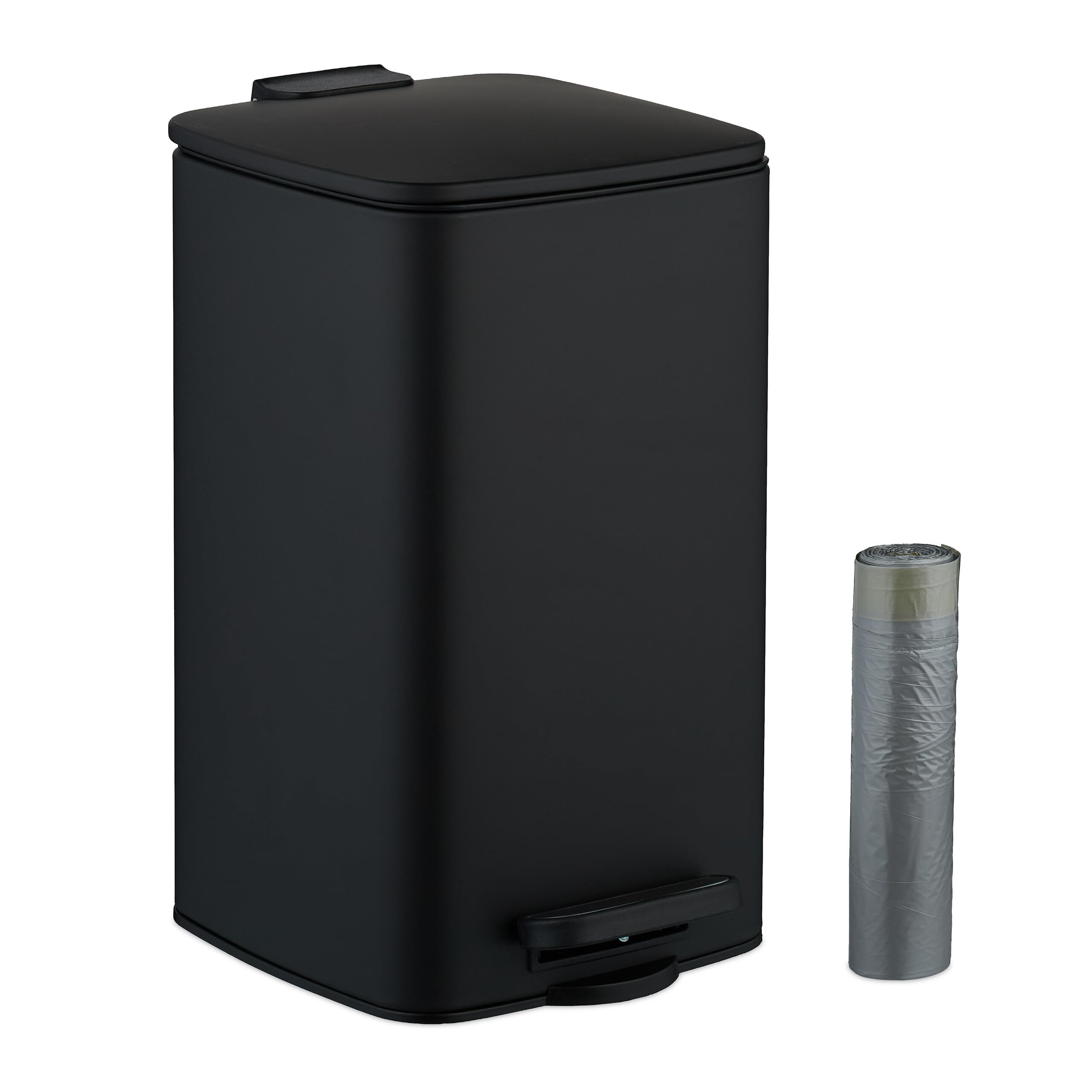 Relaxdays Cubo de Basura Baño, 8 litros, Cierre Automático, Papelera Interior Extraíble, Metal, Tapa y Bolsas, Negro