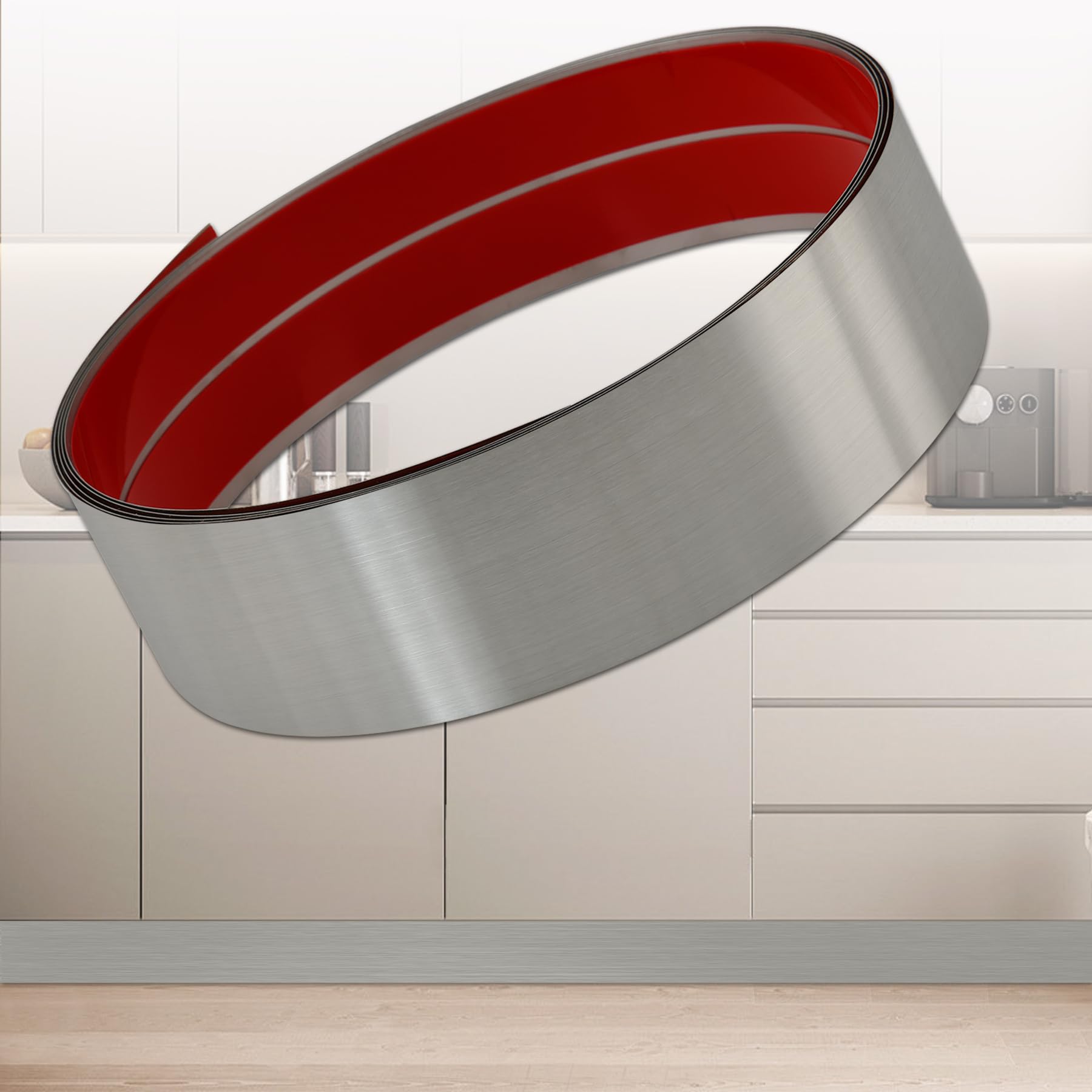 Plaque de Pied en Acier Inoxydable, Revêtement Adhésif pour Base de Plaque de Pied, Moulure de Plinthe pour Mur, Porte, Armoire de Cuisine - Protection Anti-Rayures (3m x 10cm, Argent brossé)