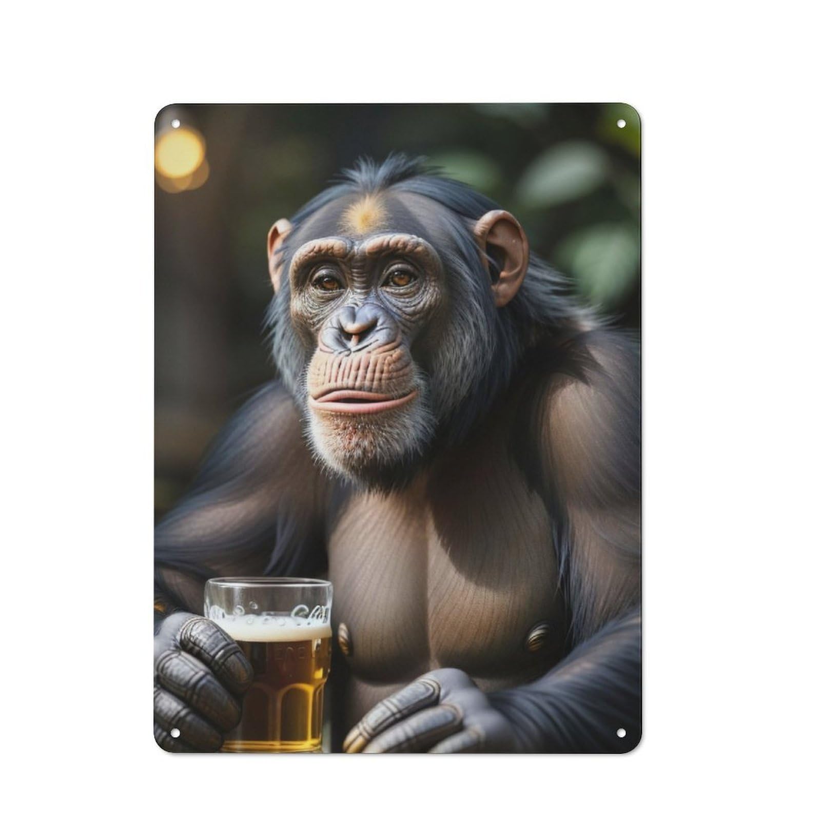 Junmoney Chimpanzee Drinking Funny Industrial Tin Wall Sign 40X30cm Featuring Urban Room Decor For Workspace, Cafe, Hallway Or Garage
