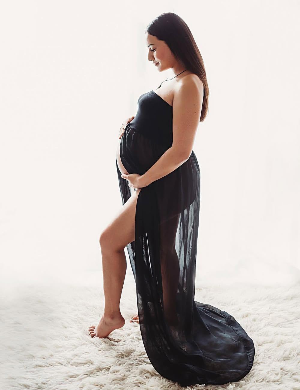 JustVH Maternity Off Shoulder Chiffon Gown for Photography Split Front Maxi Pregnancy Dress for Photoshoot - Image 6