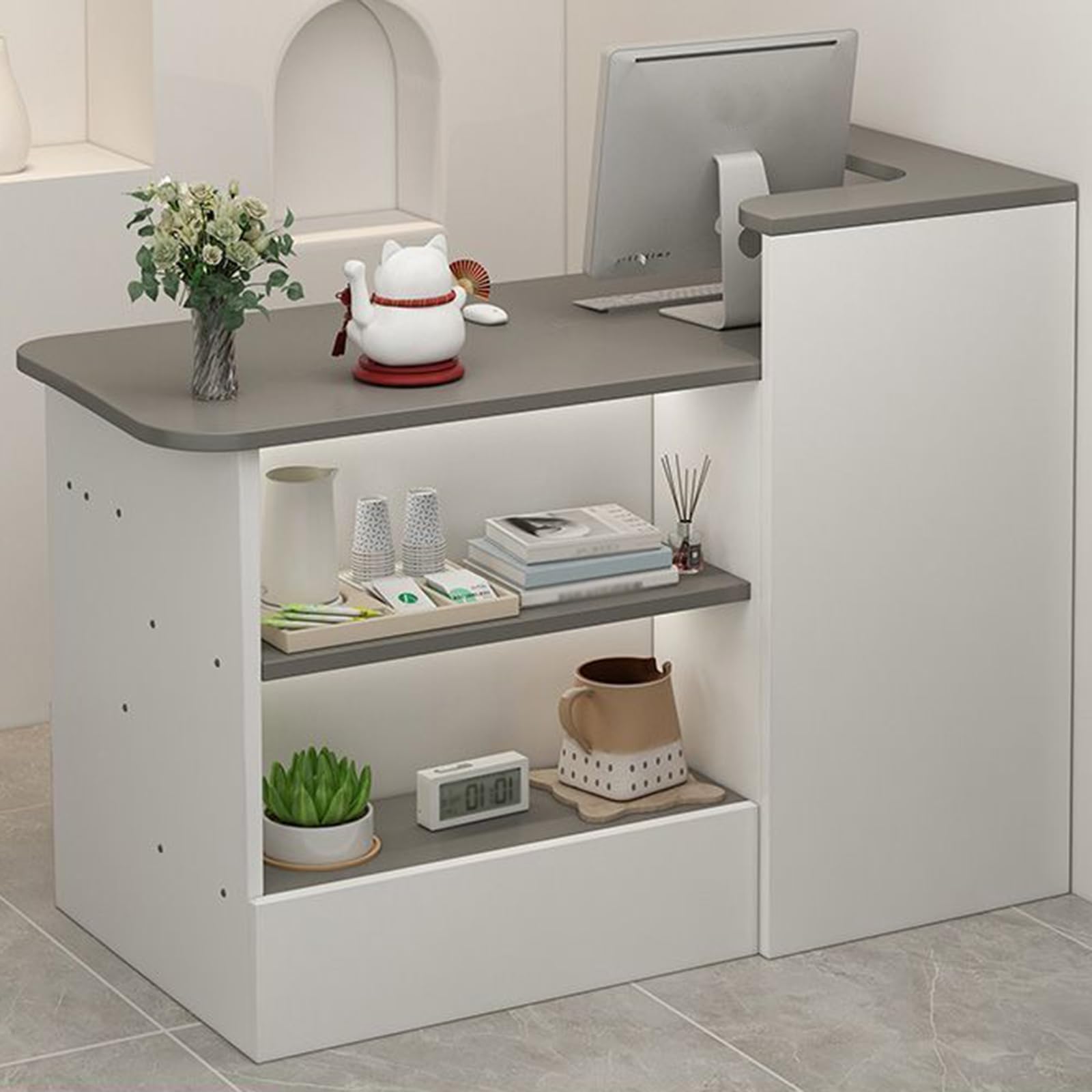 Banco Reception 100x40x90cm - Bancone Per Negozio, Ufficio, Supermercato Con Cassetti, Design Moderno, Colore Bianco Sporco - Foto 10