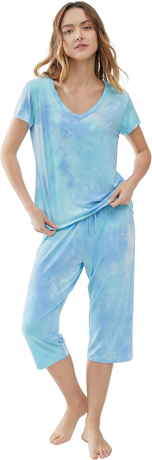 Joyaria Womens Pajama Sets Short Sleeve and Capri Pants Soft Bamboo Viscose 2 Pieces Sleepwear Lounge Set - Image 2