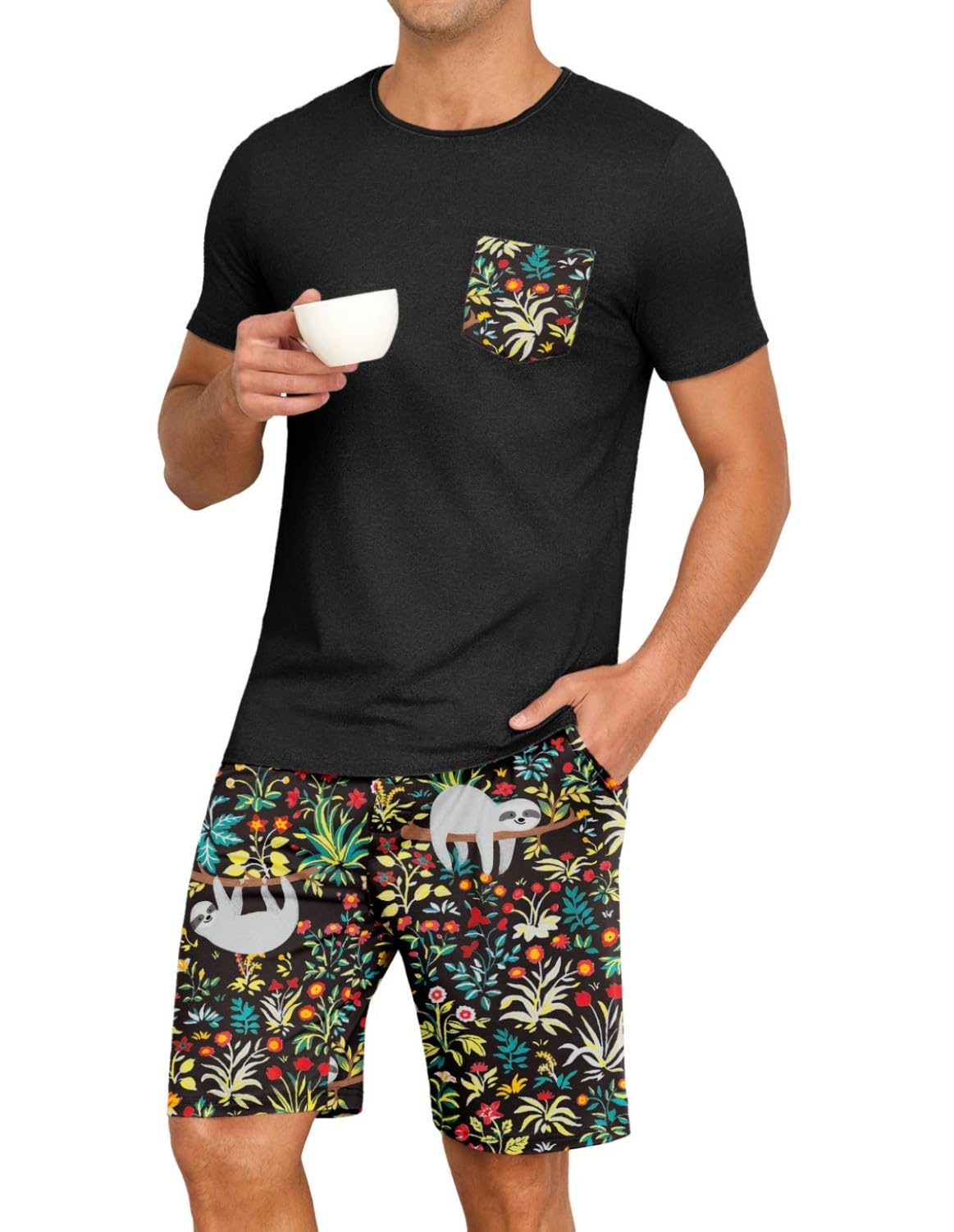 PrinStory Pigiama corto da uomo con scollo rotondo, maglietta e pantaloncini a contrasto