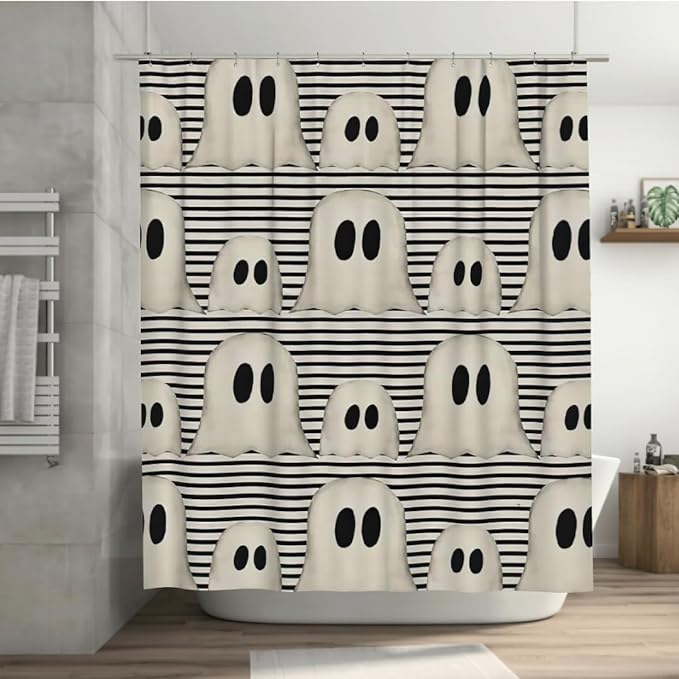 Ghost Shower Curtain Spooky Shower Curtain Halloween Spooky Bathroom Curtain Cute Funny Cartoon Ghosts Black and White Decor Bathroom Curtains 72x72 inch