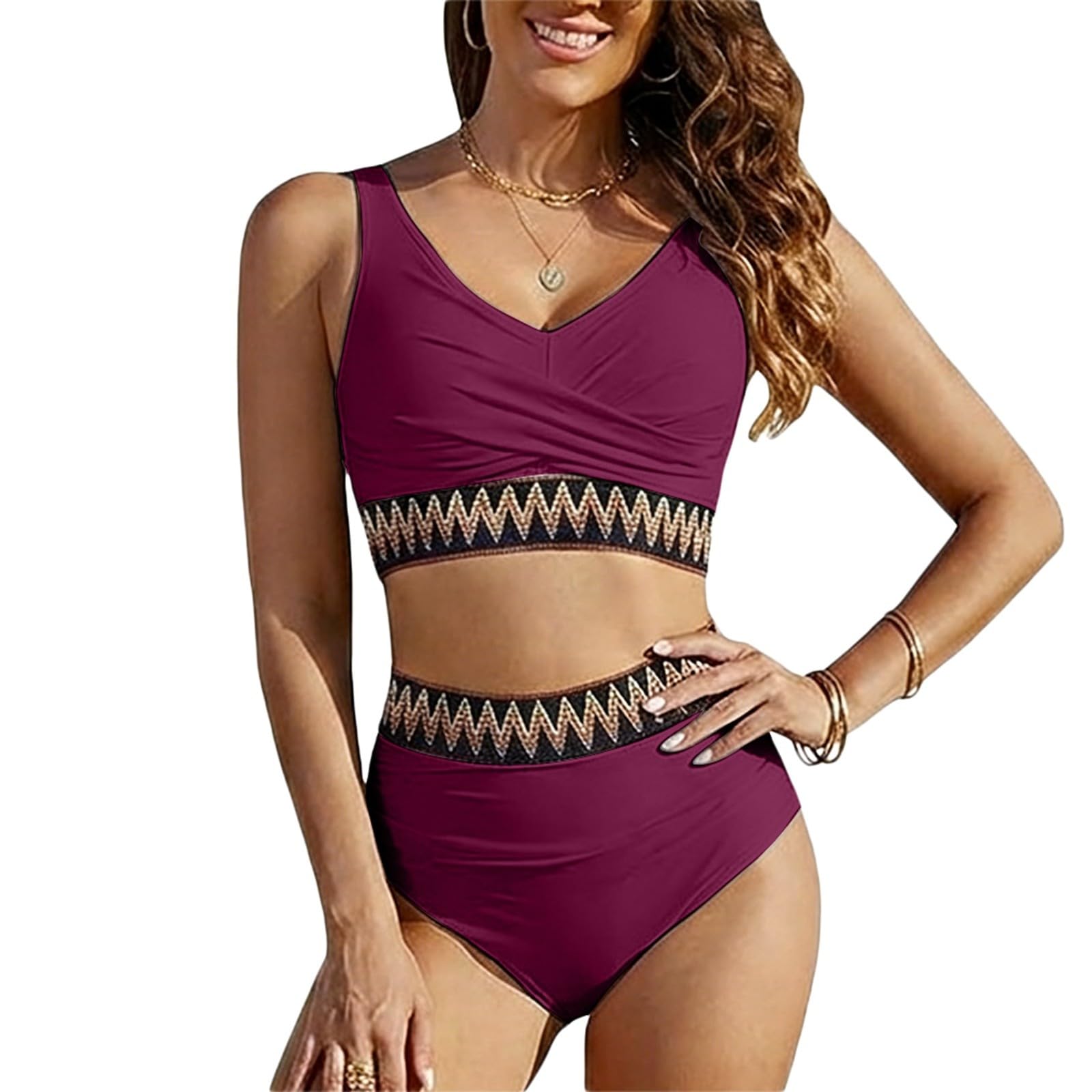 Generisch Bikini pour femme - Maillot de bain - Maillot de bain deux pièces : haut tankini avec motif floral - Maillot de bain à coupe haute pour plage, fête à la piscine