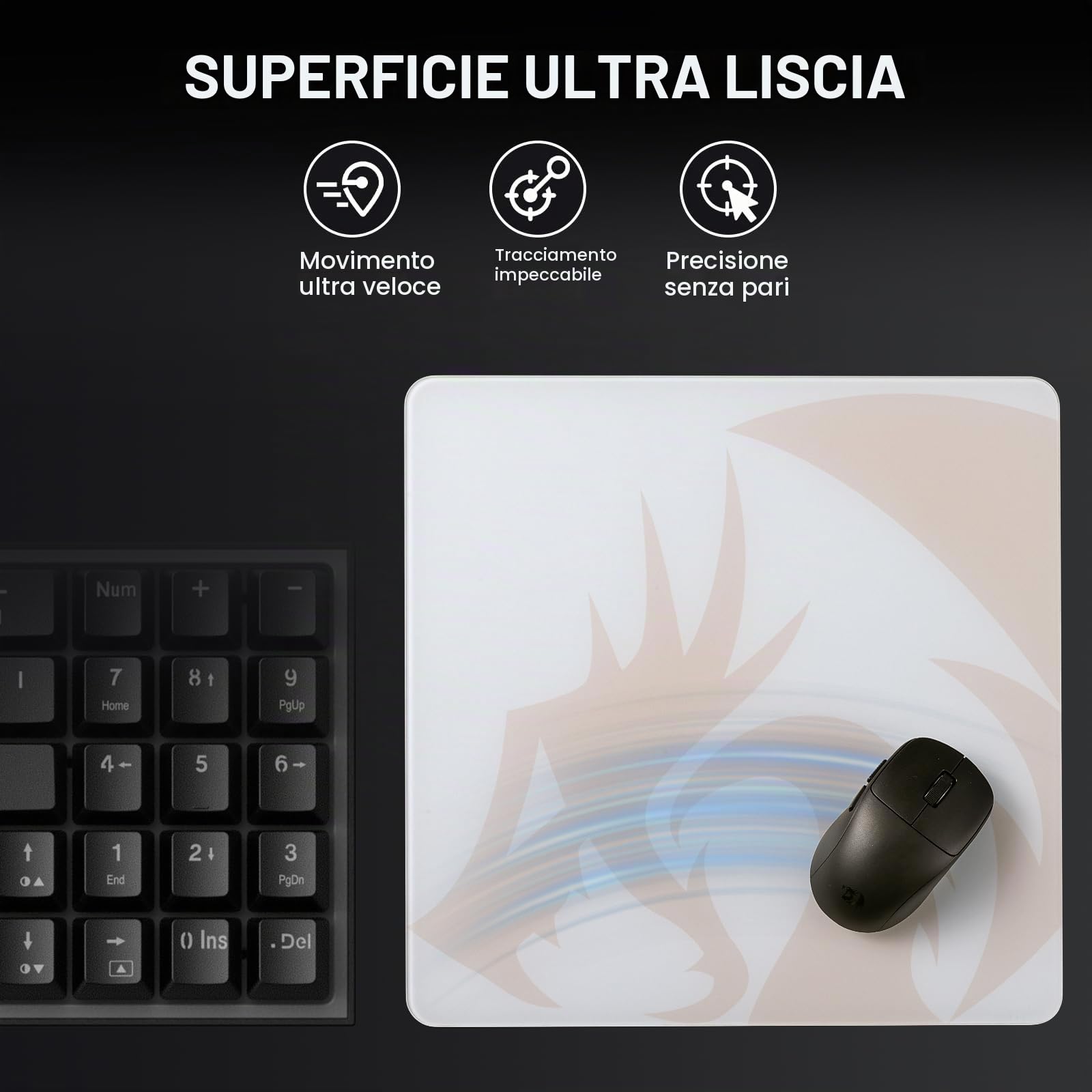 Redragon PG1M Tappetino per mouse in vetro, superficie di precisione ultra liscia con base antiscivolo, facile da pulire, tappetino per mouse rigido per gaming, 330 x 330 x 3,7 mm, bianco