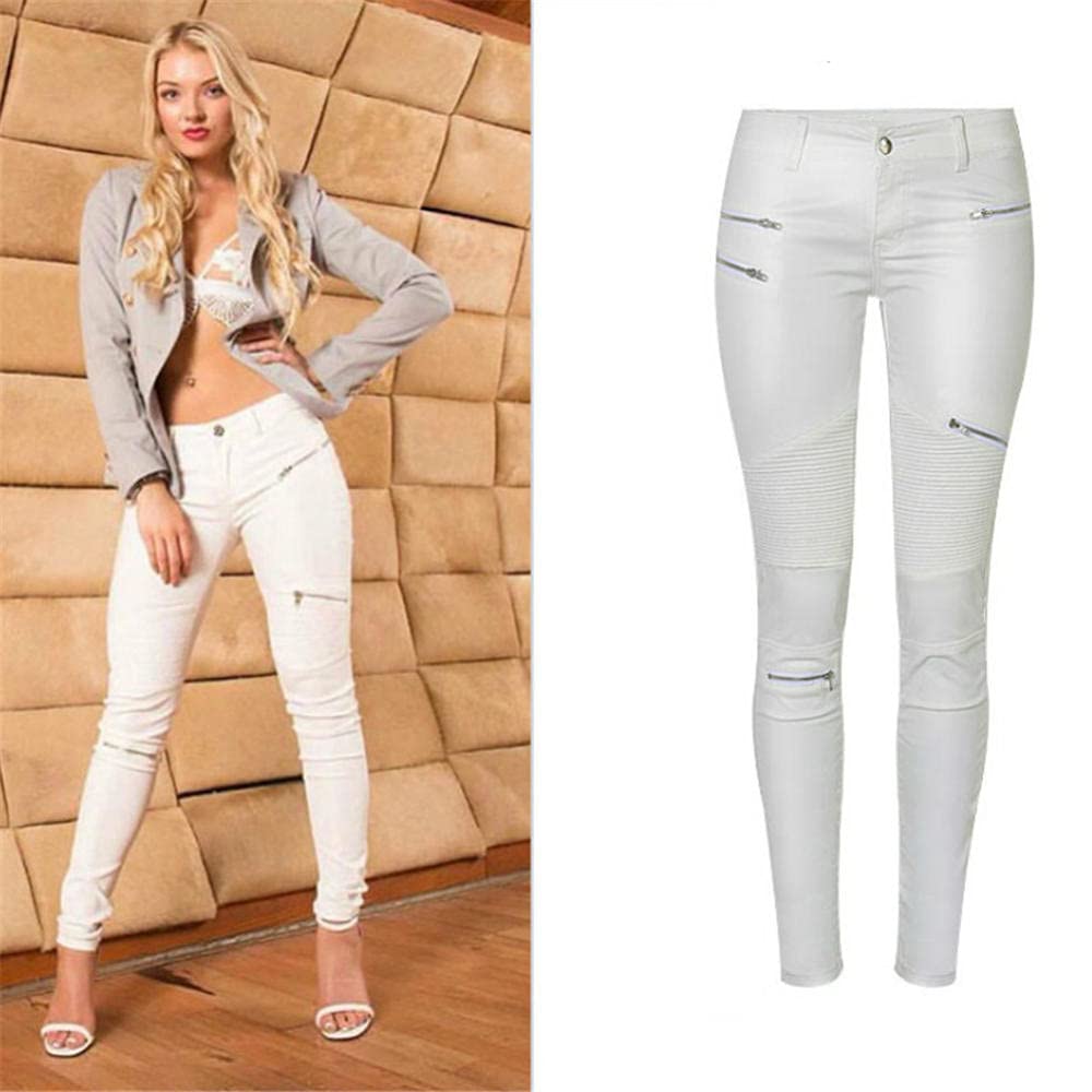 Niedrige Taille PU Pants Frauen Streetwear Gefälschte Reißverschlüsse Weiße Fracht Hosen Frauen Punk Push Up Plus Größe Skinny Coated Jean Mujer-Farbe1_40.