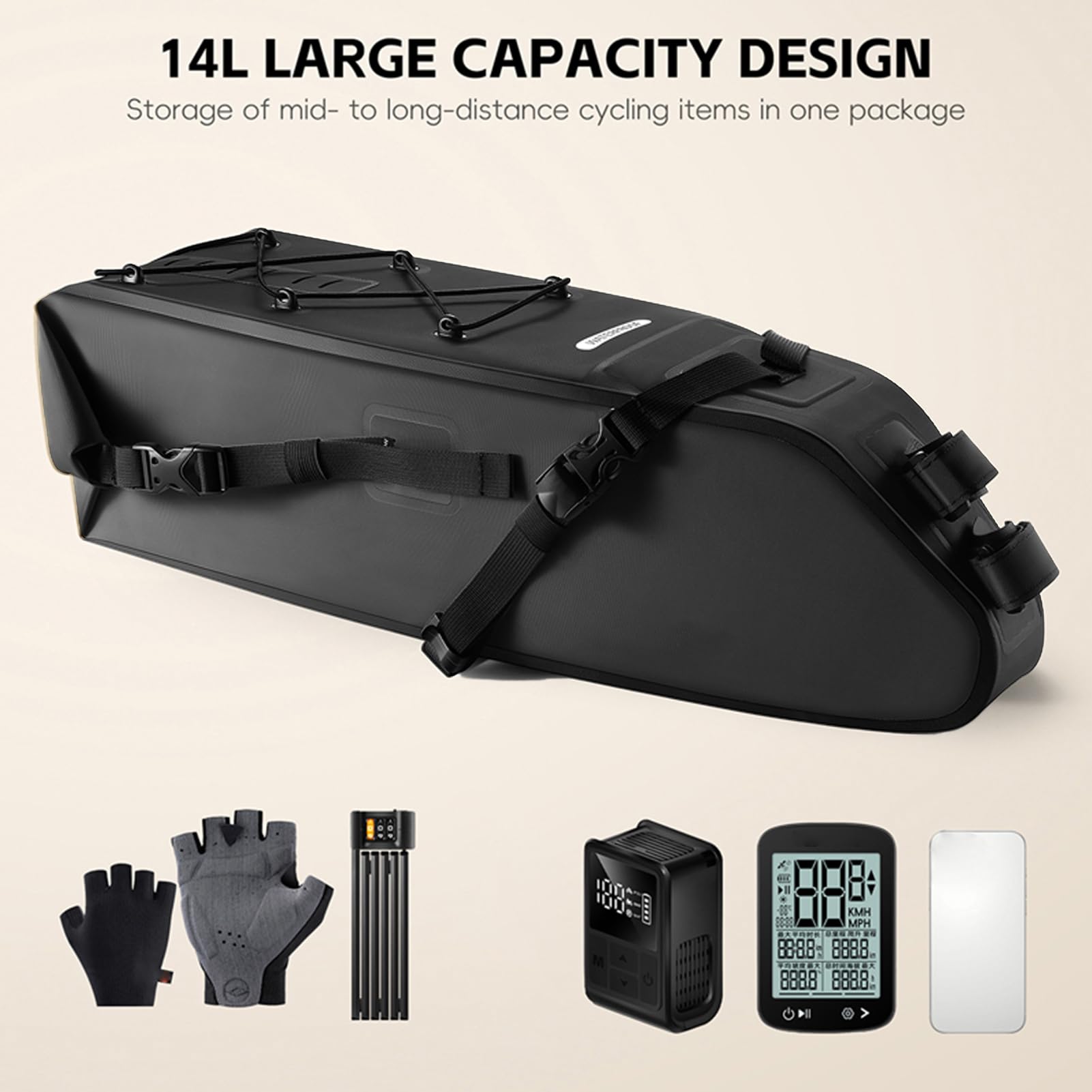POENVFPO Borsa da Bici, Borsa da Ciclismo Sottosella in PVC da 14 Litri con Cinghie Regolabili per il Ciclismo a Lunga Distanza (10-14L)