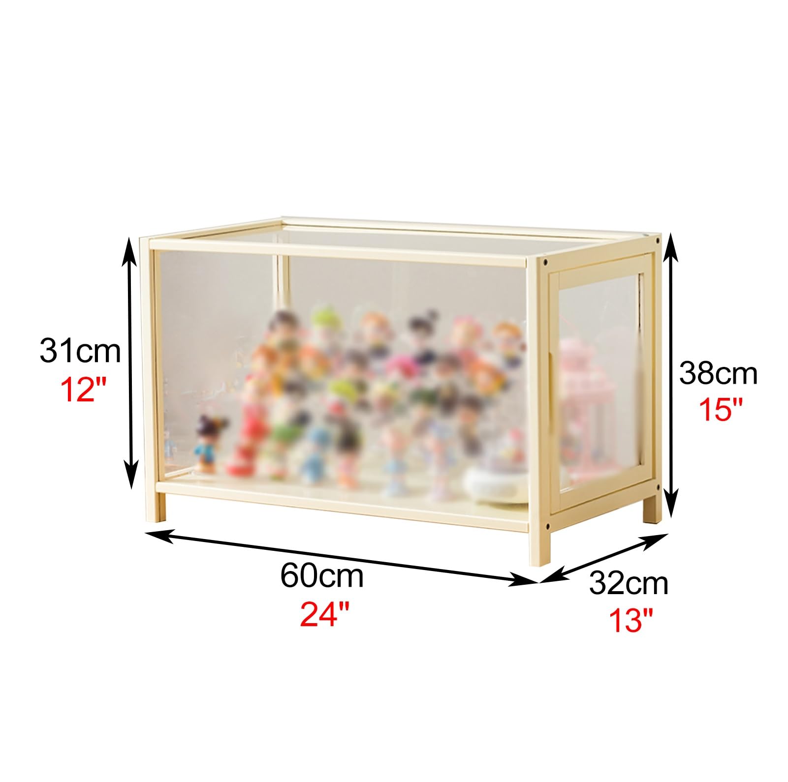 Teca Plexiglass Espositore in Plastica per Miniature Lungo 60/80 cm, Grandi Vetrine per Hobby con Cornice in Legno e Base Rialzata, Scatola da Banco per Modellini di Auto(White,60x32xH38cm/24x13x15in)