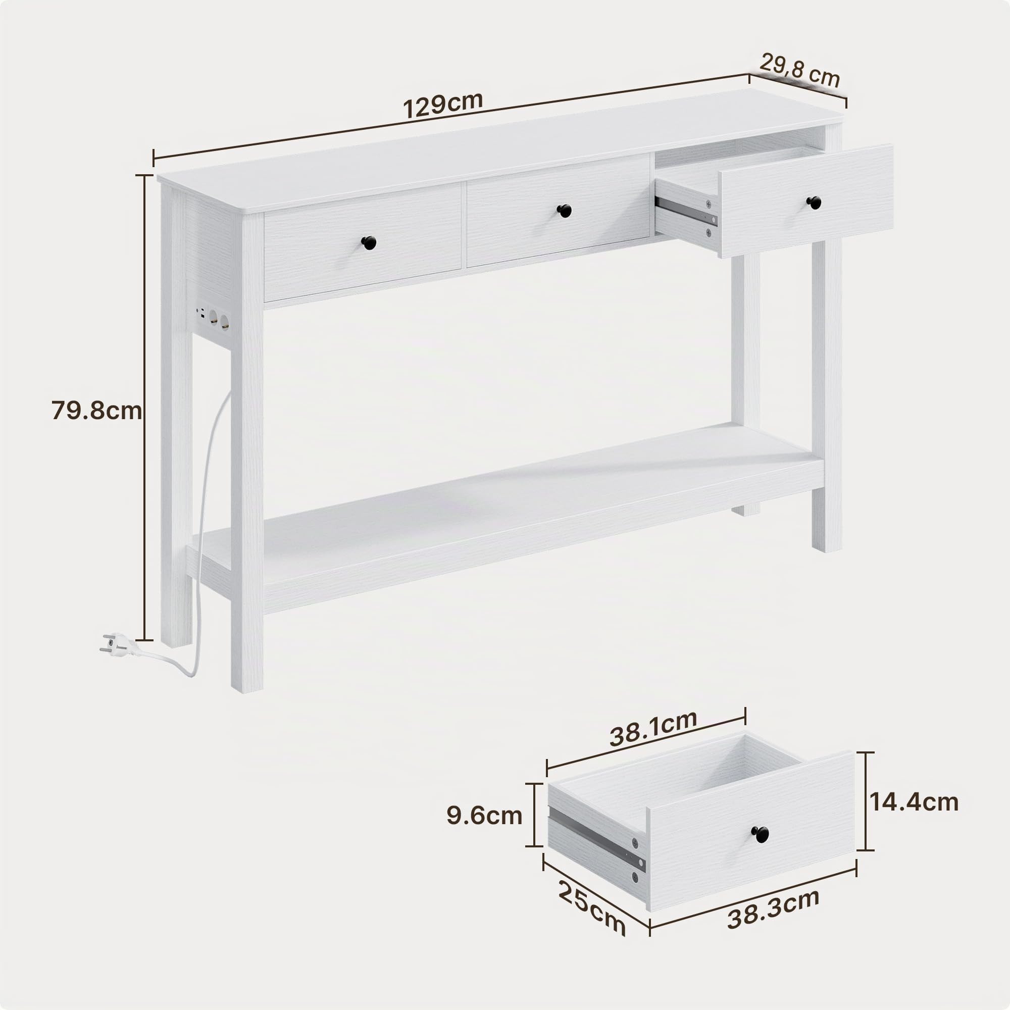 Xbro Schmaler Konsolentisch mit Steckdosenleiste, Flurtisch mit 3 Schubladen und Ablage, Beistelltisch mit USB-Anschlüssen, Sofatisch für Flur, Wohnzimmer, Küche, 130 x 30 x 80 cm, Weiß