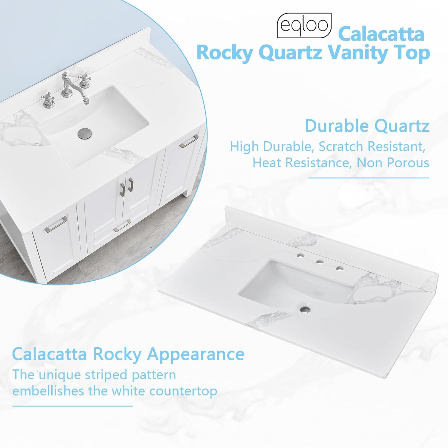 42 in. W x 22 in D Quartz Vanity Top in Calacatta Rocky, Vanity Sink Top with Assembled Single Drop-in Sink, Pre-Drilled Widespread Faucet Holes Countertop with 4" H Backsplash