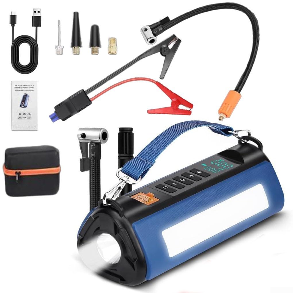 per 6000mAh, avviatore di emergenza per auto con portatile, compressore d'aria, pompa di gonfiaggio pneumatici 30L/Min, manometro digitale, power bank USB per veicoli da 12 V (10000 mah)