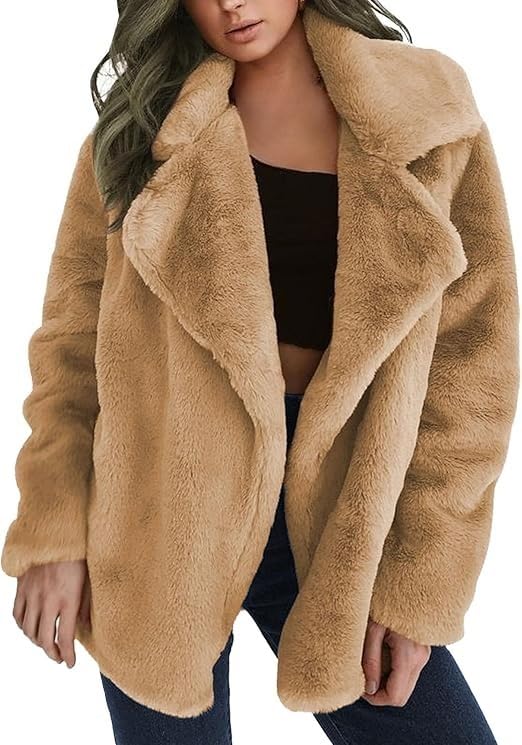 Women's Lapel Open Front Warm Faux Fur Jacket Coats Long Sleeve Fleece Cardigan Jackets Overcoat with Pockets