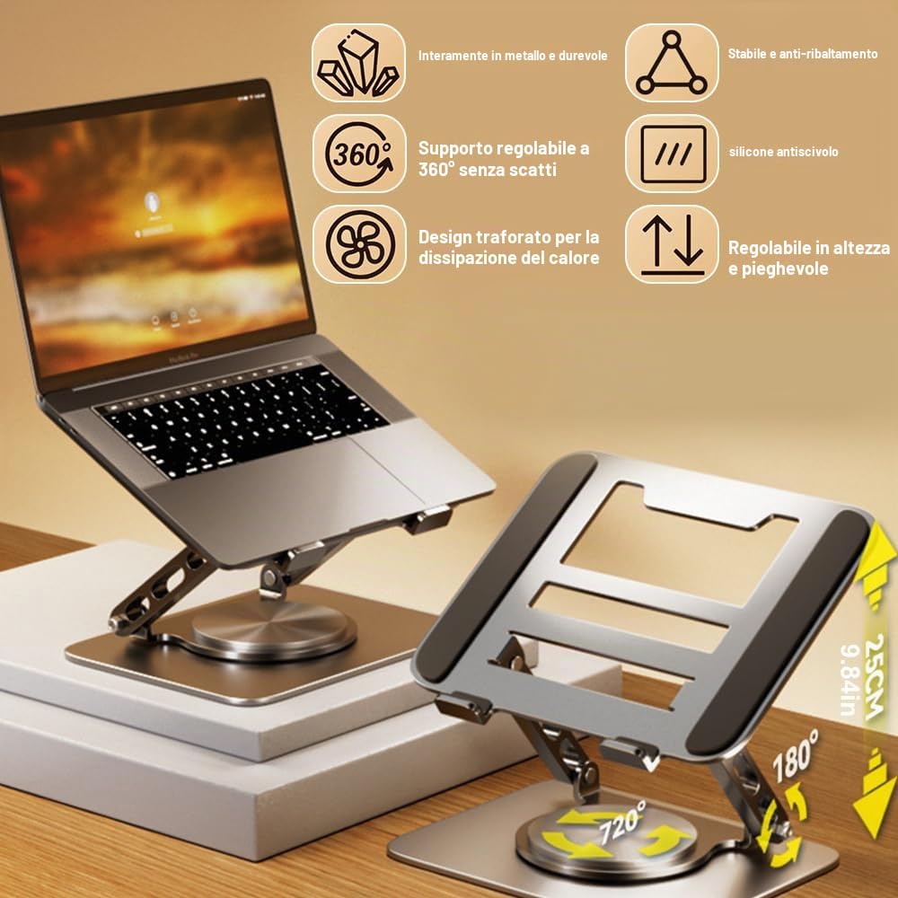 360° Supporto PC Portatile Pieghevole Ergonomico da Scrivania, Porta Laptop Stand Ergonomico Compatibile con Portatili e Tablet da 10"-17.3", Argent