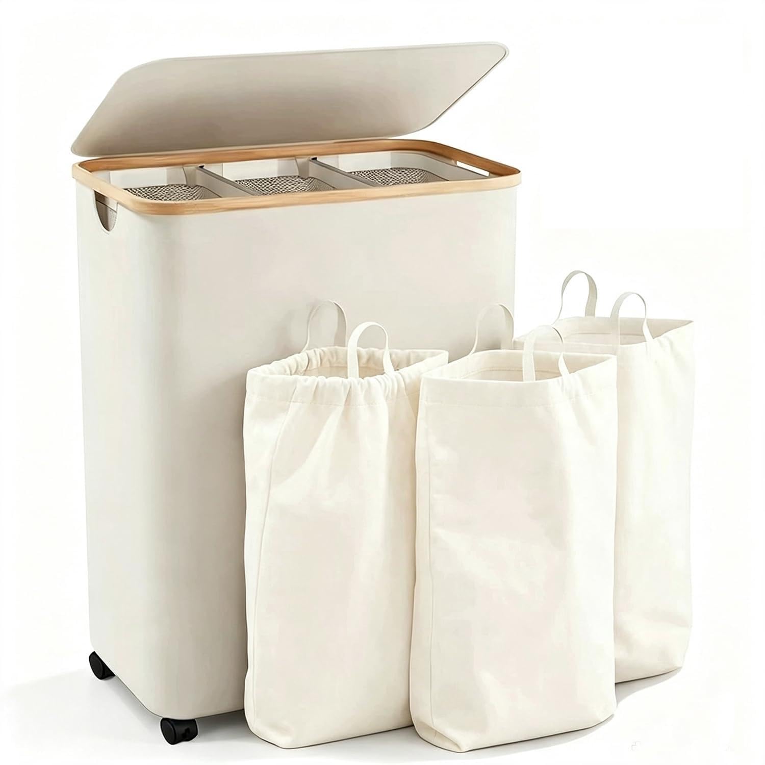 View 1 of 160L Laundry Hamper with Lid, 3 Section Laundry Basket with 3 Removable Bag
