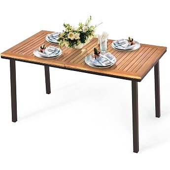 KOMFOTTEU Garden Table with Umbrella Hole Acacia Wood Dining Table Wooden Table with Metal Legs Patio Table for 6-8 People 140 x 75 x 76 cm