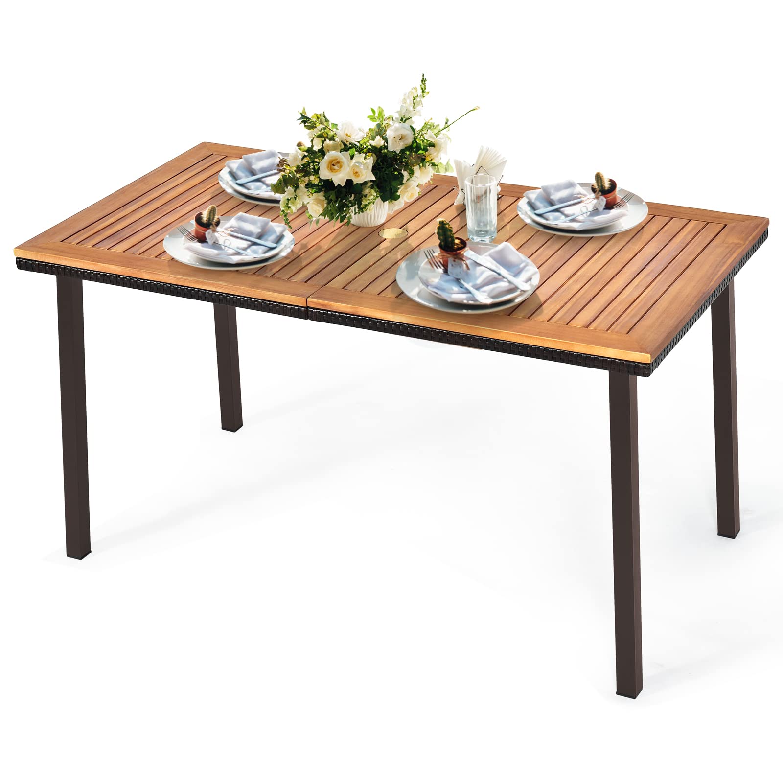 KOMFOTTEU Tavolo da Giardino Rettangolare con Foro per Ombrellone, Tavolo da Esterno in Legno di Acacia, Tavolo da Pranzo con Gambe in Metallo per 6-8 Persone, 140 x 75 x 76 cm