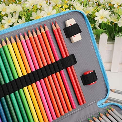 BSTKEY 200 Slots Large Capacity Colored Pencil Case - Flamingo Pattern Pencil Case Students Colored Pencil Wrap Storage Case Bag Pouch Holder Stationery Organizer, Blue (No Pencils)