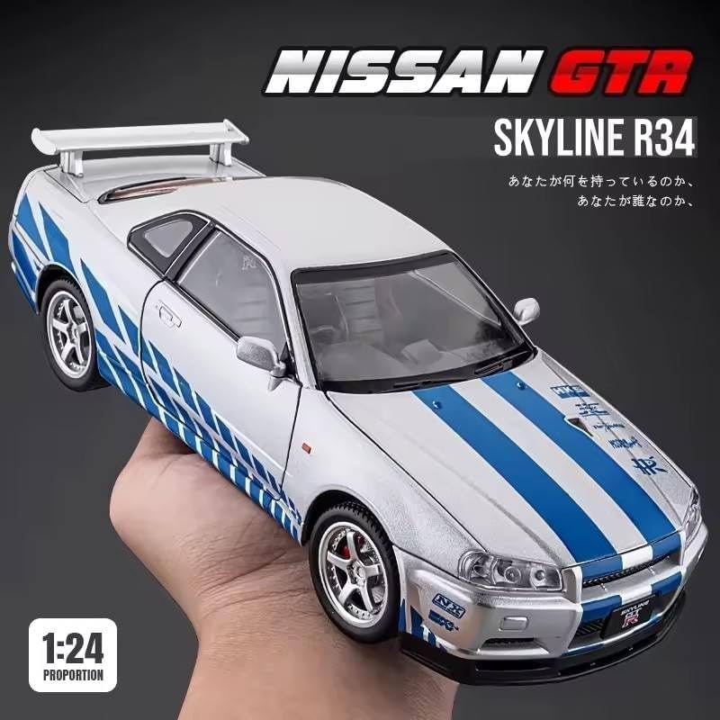 Image of 1:24 Nissan Skyline GT-R R34 Diecast Model Car, Pull Back Toy with Sound & Light, Collectible for Kids & Adults (Silver)