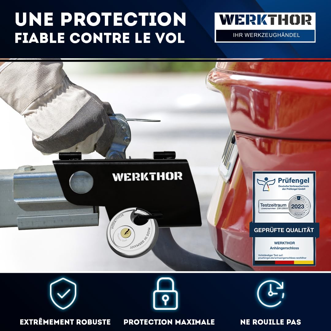 Serrure de Remorque WERKTHOR - Serrure Universelle pour Boîte de Remorque - Protection Contre Le vol pour Remorque Attelée et Dételée - Serrure de Remorque en Acier Inoxydable - Serrure à clé