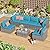 SUNVIVI OUTDOOR 7 Piece Patio Furniture Sets All Weather Grey PE Wicker Couch Sofa with Glass Table, Removable Blue Cushions