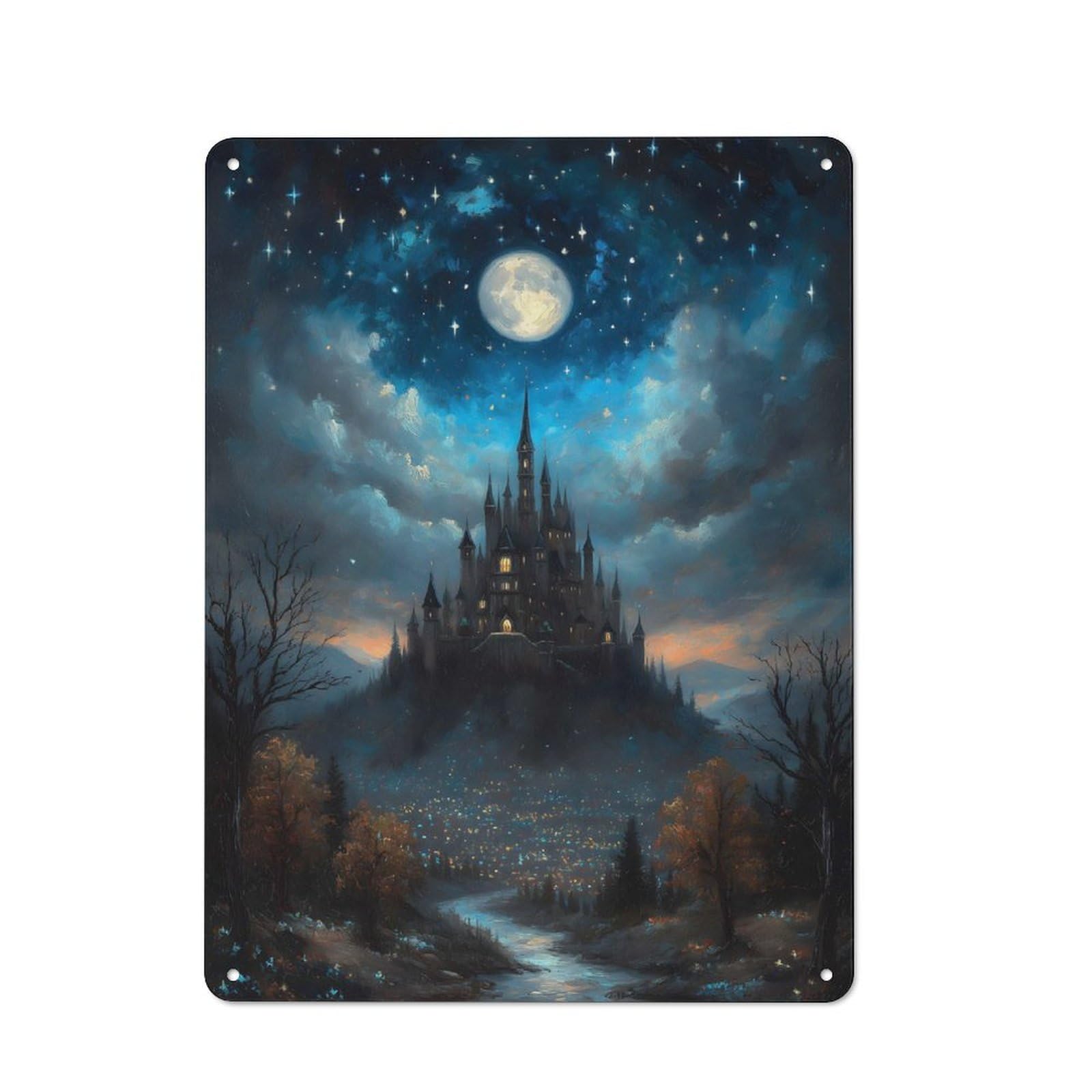 Junmoney Fantasy Castle Under Moonlight Bistro Style Bistro Metal Sign 40X30cm Featuring Shop Wall Decor For Takeaway, Bar, Kitchen Or Counter Area