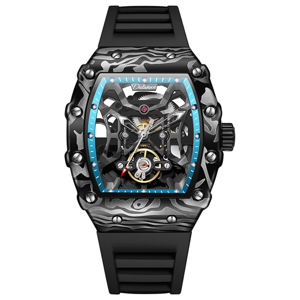 Innovative schwarze hohle Skelett-Herrenuhr, automatisch, mechanisch, Gehäuse aus Kohlefaser, Gehäuse aus Legierung, Tourbillon-Armbanduhr, leuchtendes Silikonband, wasserdicht