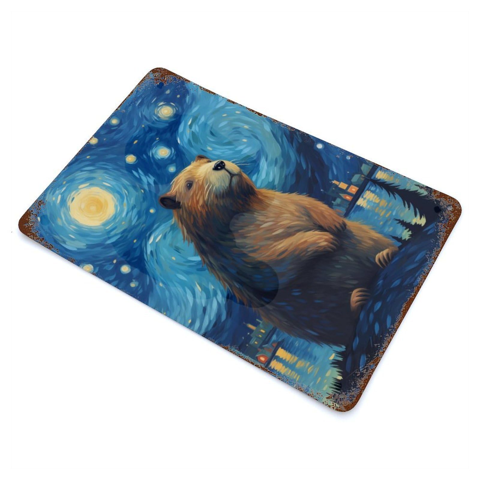Starry Night Capybara Decorative Tin Sign 11.8"x7.9", for Bistro, Counter And Cafe Decor, Retro Wall Decor